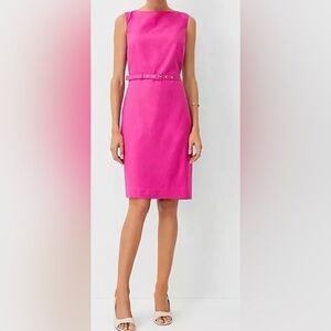 ANN TAYLOR BOLD PINK BOATNECK LINEN BLEND BELTED SHEATH DRESS SPRING